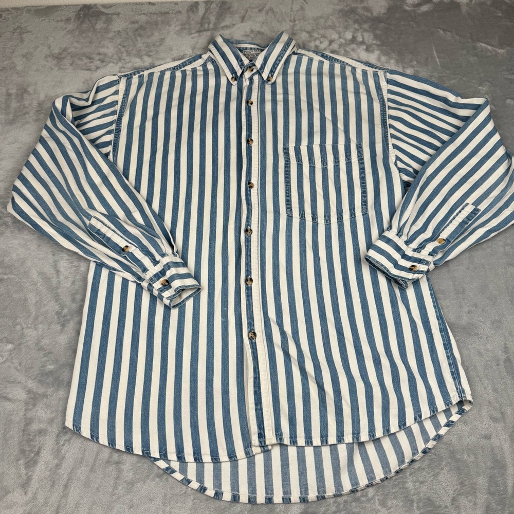 Double Impact Shirt Mens L VTG 90s Y2K Striped Button Up Blue White Long Sleeve